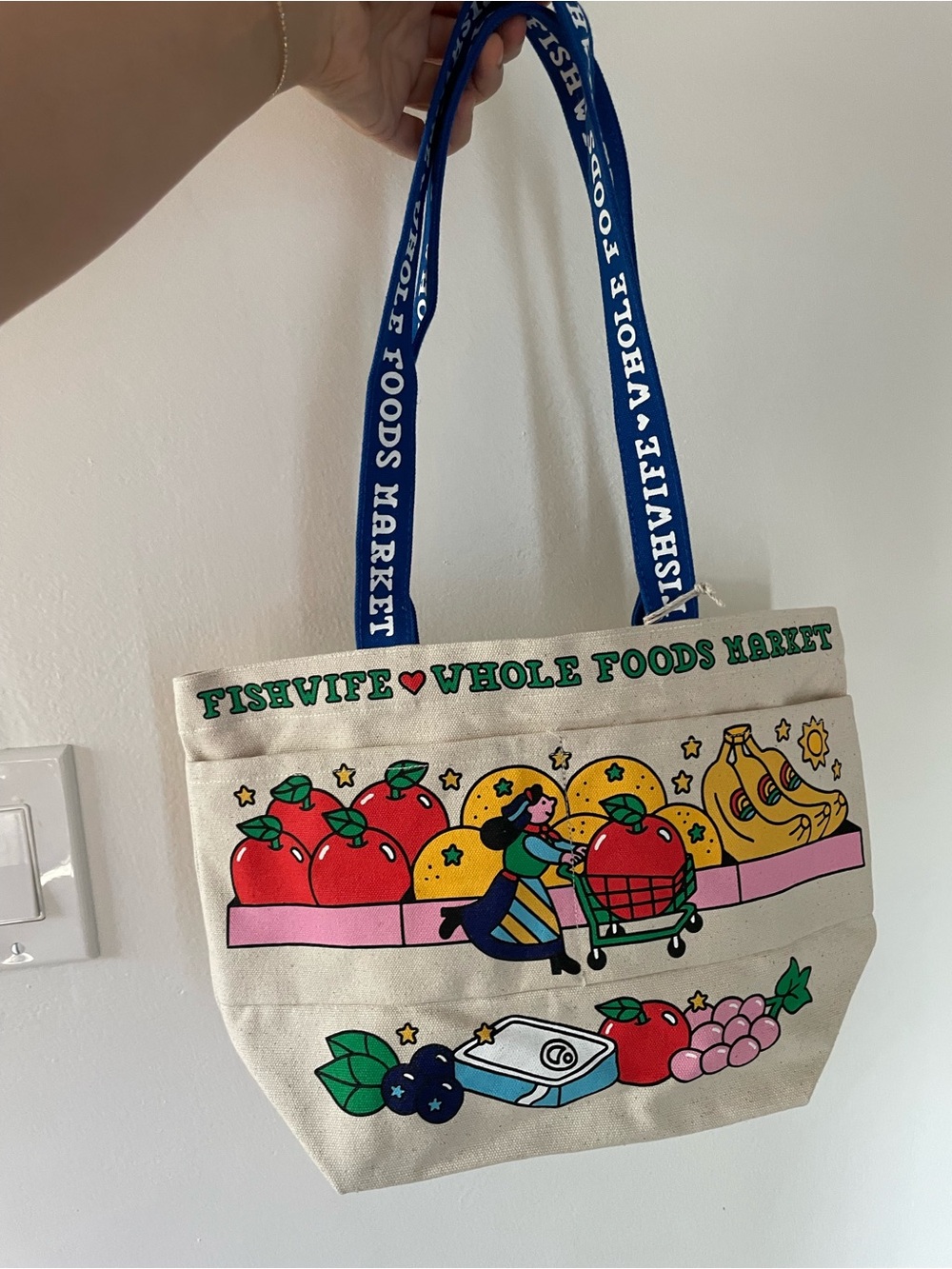 Whole Foods Market x Fishwife Canvas Tote Bag in Cream and Blue - size medium - Picture 2 of 3